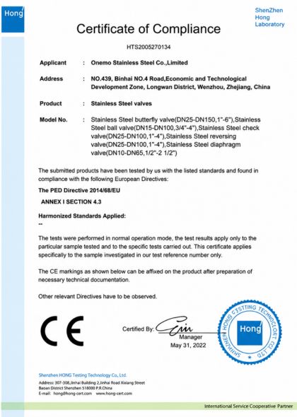 Certificate of Conformity for Stainless Steel valves