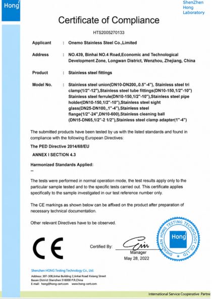 Certificate of Conformity for Stainless steel fittings